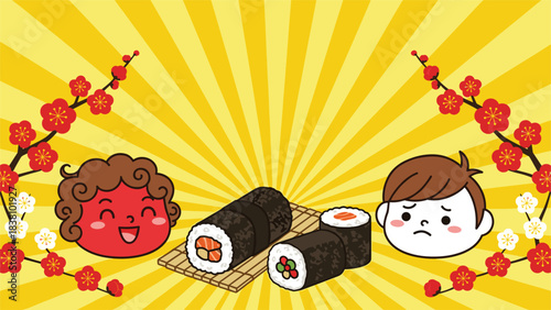 Ehomaki Lucky Sushi Roll Setsubun Japanese Festival Illustration: Warding off evil with adorable oni demon and fuku fortune child characters, traditional plum blossoms, and a bright yellow background.