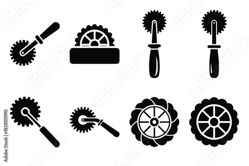 Set of Minimalist black pastry wheel kitchen tool silhouette icon set