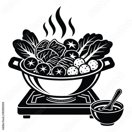 Black Silhouette Hot Pot Meal with Steaming Broth food