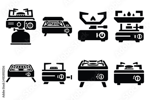 Set of Minimalist black portable stove kitchen tool silhouette icon set