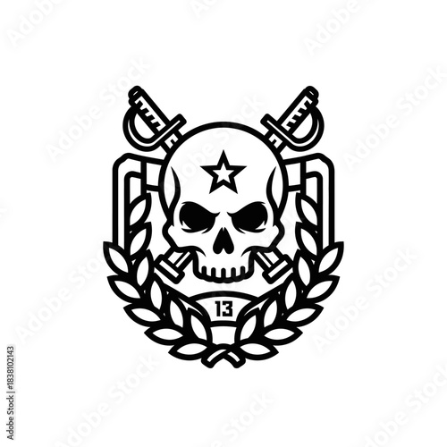 Emblematic skull illustration with crossed swords and laurel wreath symbolism design