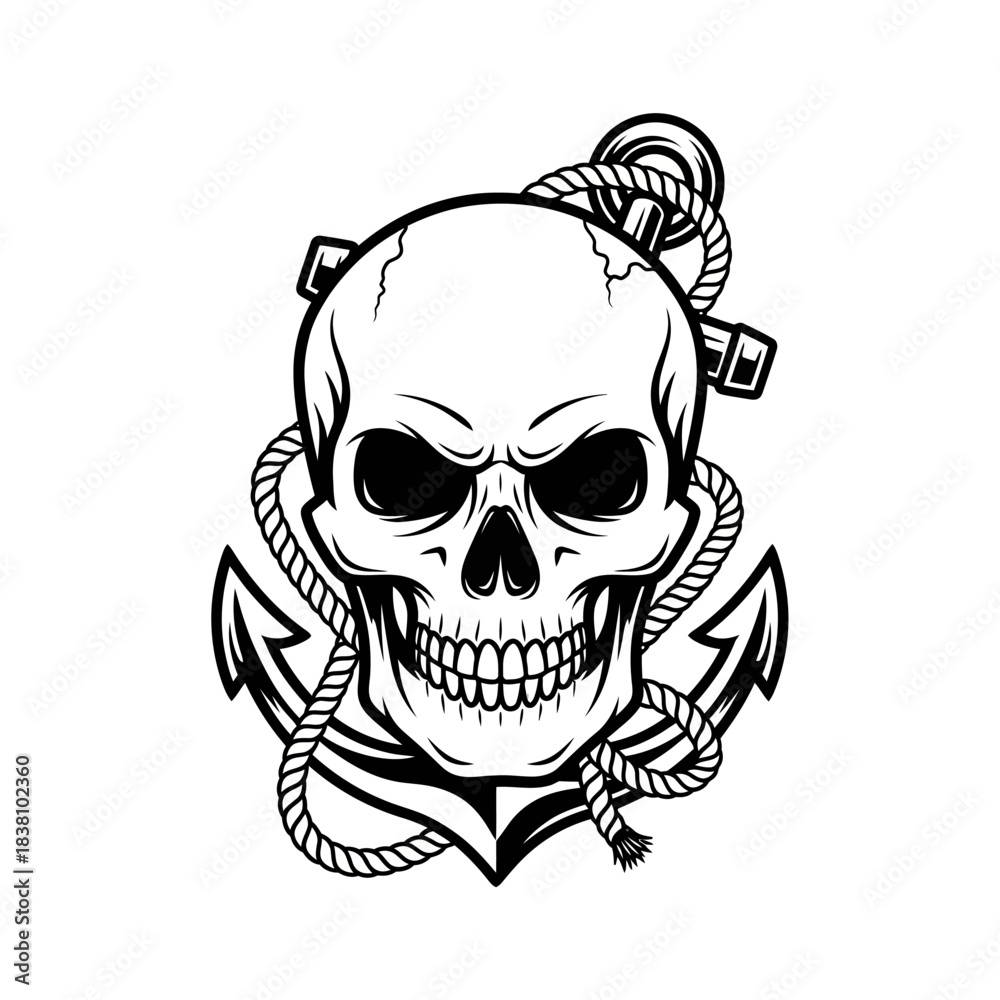 Fototapeta premium Skull and anchor emblem symbolizing maritime history, adventure and danger illustration