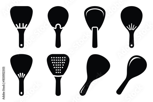 Set of Minimalist black rice paddle kitchen tool silhouette icon set