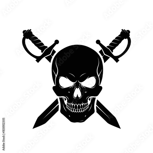 Intricate skull illustration, symbol of danger with crossed swords, conveying mortality and