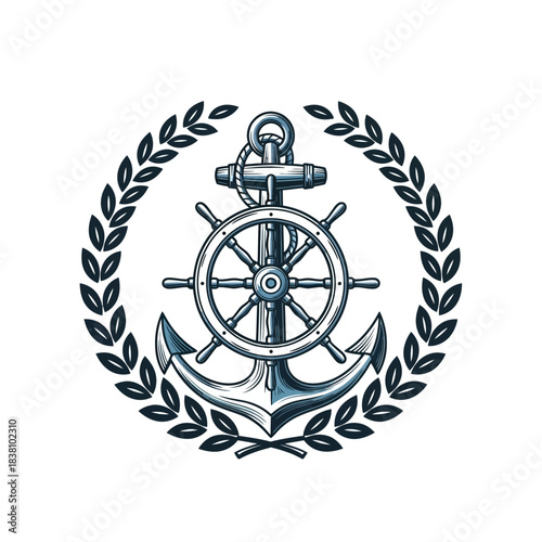 Nautical emblem with anchor and steering wheel encircled by laurel wreath illustration