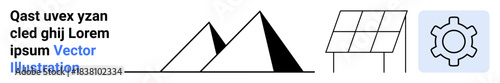 Black pyramids, solar panel, and gear icon conveying innovation, technology, sustainability, and clean energy. Ideal for renewable energy, creativity, engineering future-focused design modern