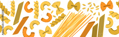 Pasta seamless banner. Various noodles types. Background with different pasta. Farfalle, penne, spaghetti, macaroni, orzo and fusilli. Italian cuisine. Vector illustration