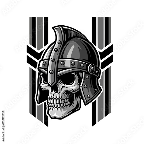 Intricate monochrome skull artwork evoking ancient warrior spirit and historical aesthetic