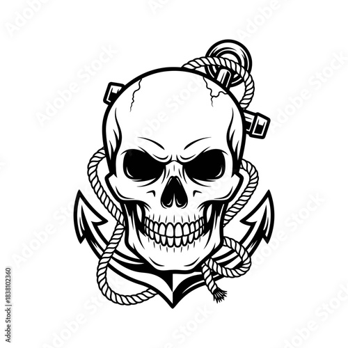 Skull and anchor emblem symbolizing maritime history, adventure and danger illustration