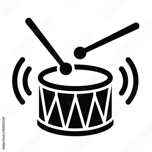 Black silhouette of a drum with drumsticks and sound waves drum, music, percussion