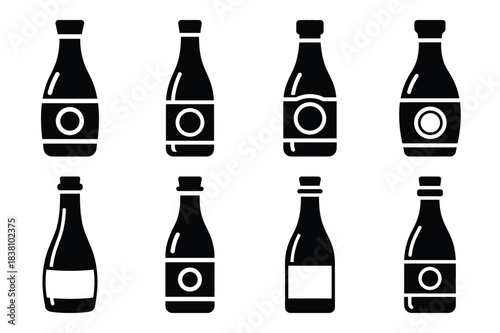 Set of Minimalist black sake bottle kitchen tool silhouette icon set