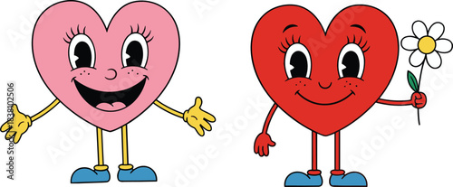 Cute heart cartoon character set with smiling expressions and flower, playful love mascots for Valentine designs