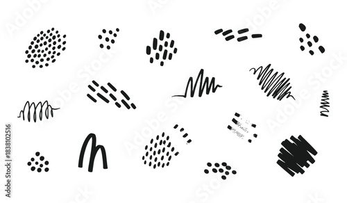 Collection of Abstract Hand Drawn Black Ink Scribble and Dot Patterns Keywords: abstract, pattern, scribble, dot, dash, line, ink, black, hand drawn, doodle, texture, background, design, element