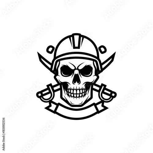 Monochrome skull icon with crossed blades and construction helmet design art