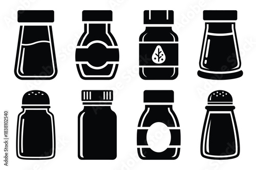 Set of Minimalist black seasoning jar kitchen tool silhouette icon set