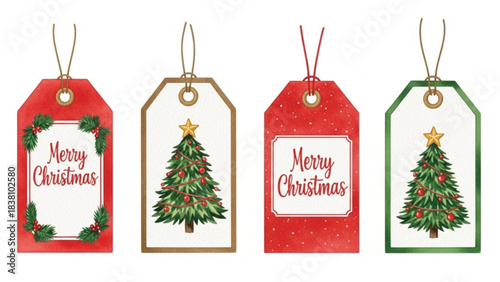 Watercolor Christmas Gift Tags with Trees, Wreath Borders and Merry Christmas Lettering, Festive Holiday Printable Labels
