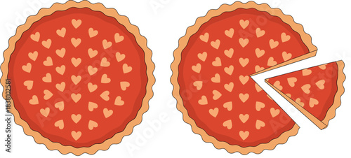 Cute heart pattern pizza illustration set with whole and sliced pie, playful food vector for love theme designs