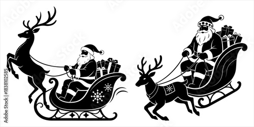 Santa Claus riding sleigh with Christmas gifts elegant Christmas festive silhouette vector illustration set design. Santa Claus in sleigh with present gift box. Santa delivering gifts on sleigh. 
