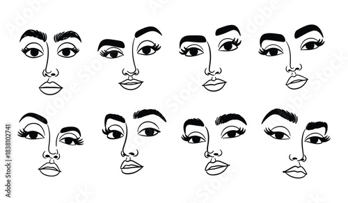 Collection of eight minimalist line art faces with expressive eyebrows and eyelashes portrait drawing
