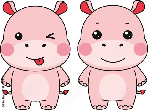 Cute hippopotamus cartoon character set with happy and winking expressions, adorable baby animal vector illustration