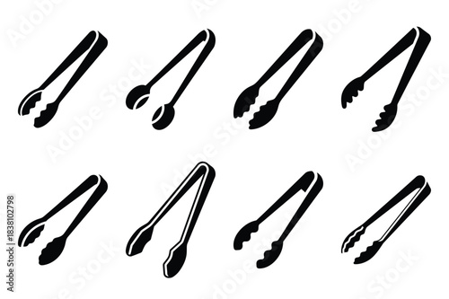 Set of Minimalist black sugar tongs kitchen tool silhouette icon set