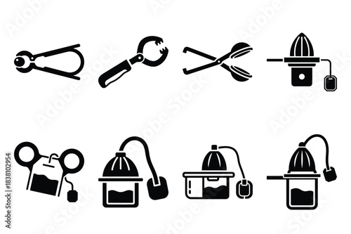 Set of Minimalist black tea bag squeezer kitchen tool silhouette icon set