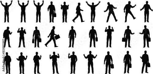Professional businessman silhouette collection, diverse poses, full body black shadow figures, dynamic actions, standing, walking, celebrating, success, achievement, corporate vector graphics, 