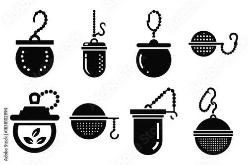 Set of Minimalist black tea leaf infuser kitchen tool silhouette icon set