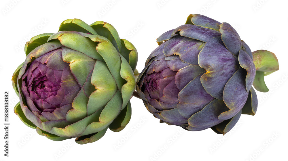 Obraz premium Two vibrant fresh artichoke vegetables with deep purple centers on a stark for cooking