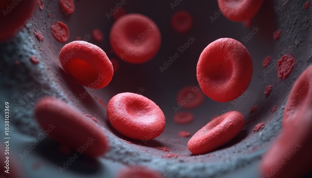 Naklejka premium Close-up view of red blood cells flowing through blood vessel. These erythrocytes carry oxygen throughout body. Abnormal shapes suggest medical conditions like sickle cell anemia, impacting health.