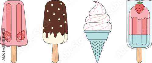 Cute ice cream and popsicle dessert set with pastel flavors, playful summer sweets vector illustration collection