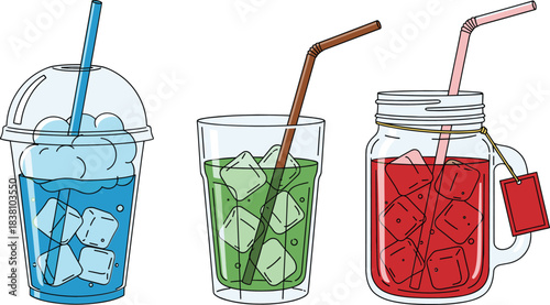 Cute iced drink illustrations set with takeaway cup glass tumbler and mason jar in hand drawn vector style