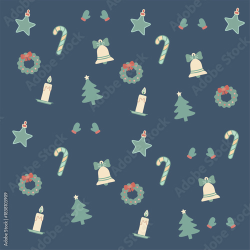 Seamless Christmas pattern with cute pastel icons on dark blue background: tree, wreath, bell, mittens, candle and candy cane. Cozy winter holiday design for wrapping paper, textiles and festive decor