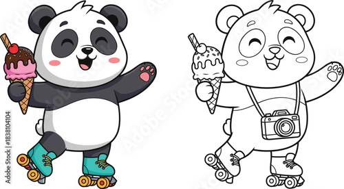 Cute panda cartoon character set skating with ice cream, colored and outline versions for kids vector illustration