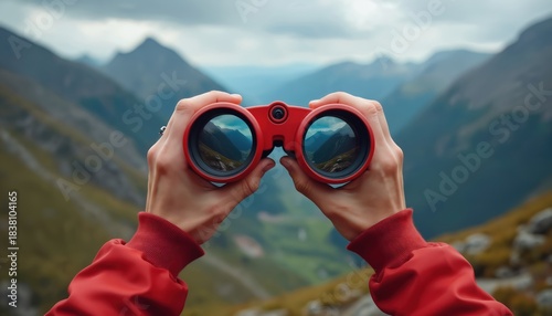 Person holds red binoculars observing valley view with mountains. Hands look through optics exploring landscape. Traveler uses zoom lens for outdoor adventure trip. Man explores nature spies in