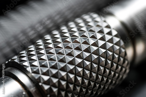 Close up macro photograph of a textured metallic knurled grip on a mechanical component showcasing intricate geometric patterns and industrial design elements