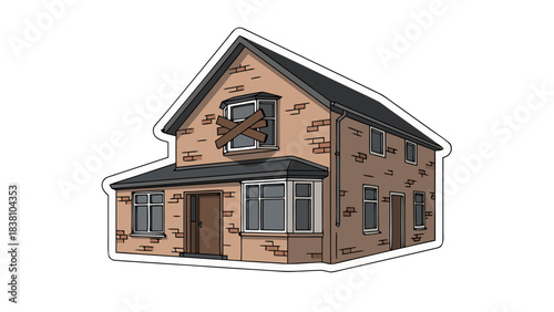 Dilapidated Brick House with Boarded Up Windows and Overgrown Vegetation Under a Cloudy Sky Symbolizing Neglect and Decay