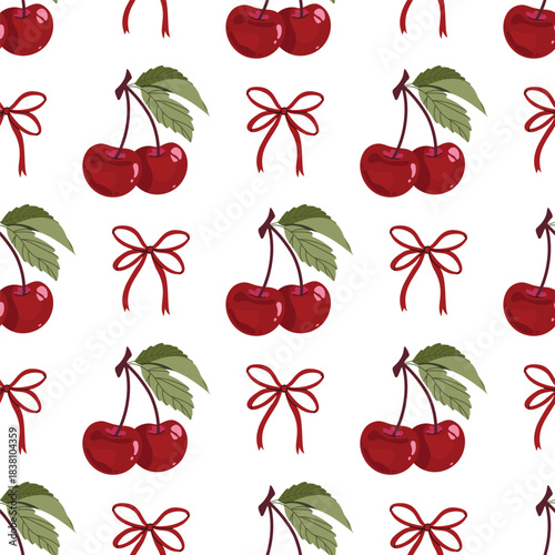 Trendy seamless pattern with sweet cherries and bows. Glamour coquette seamless pattern, pink and red stickers for Valentine's Day. Wrapping, packaging design in flat style