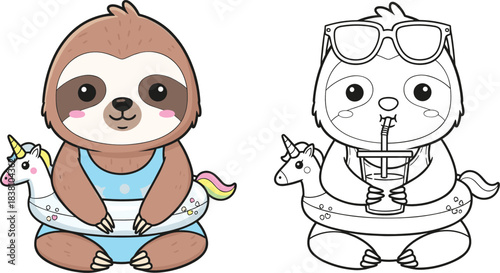 Cute sloth summer character set with unicorn float, colored and outline versions, adorable animal vector illustration