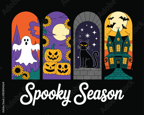 Spooky Season Halloween Greetings with Haunted House and Ghost