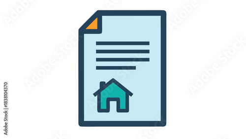 Document with a House Icon Representing Real Estate or Property Related Information and Text on a Light Blue Paper with Orange Corner Detail and Dark Blue Border