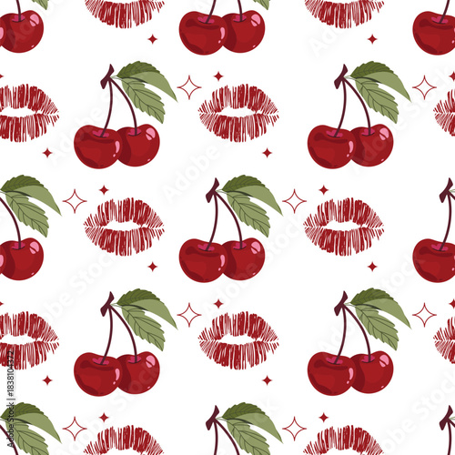 Trendy seamless pattern with sweet cherries and kisses. Glamour coquette seamless pattern, pink and red stickers for Valentine's Day. Wrapping, packaging design in flat style