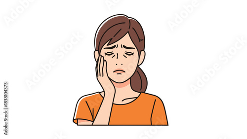 Distressed Woman with Hand on Face Showing Sadness and Worry in Orange T Shirt Against Black Background