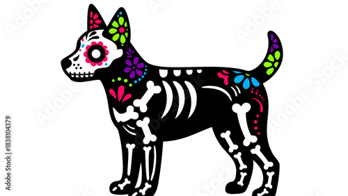 Dog Skeleton Decorated With Colorful Flowers And Sugar Skull Face On Black Background Day Of The Dead Celebration