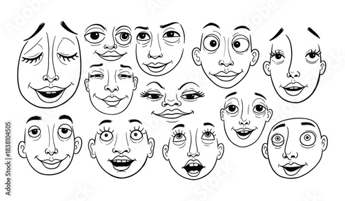 Collection of Hand Drawn Cartoon Faces with Various Expressions and Emotions Keywords: face, cartoon, doodle, sketch, drawing, hand drawn, illustration, expression, emotion, happy, sad, surprised