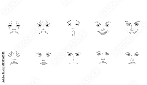 Collection of Hand Drawn Facial Expressions in Black and White Outline on White Background emotions faces