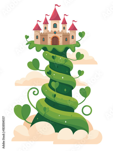 A majestic castle sits atop a giant beanstalk surrounded by lush greenery and fluffy clouds