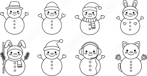 Cute snowman outline character set with animal costumes, winter coloring page illustration for kids vector