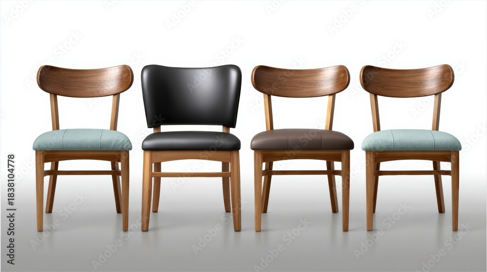 Obraz premium Stylish wooden chairs in various colors arranged in a row, featuring a central black chair, showcasing modern design and contrasting textures in a minimalistic setting