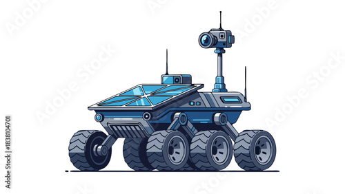 Detailed Pixel Art Illustration of a Futuristic Blue Rover Vehicle with Multiple Wheels and Cameras on a Black Background